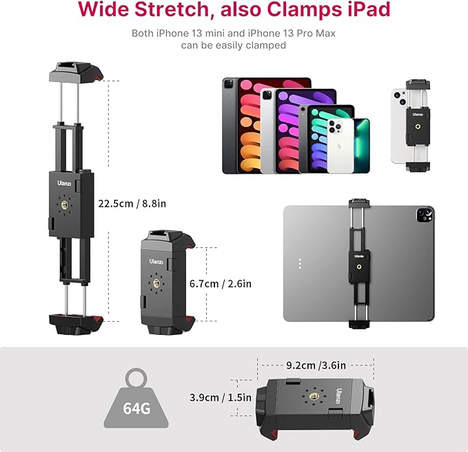 ULANZI ST-29 Phone Tripod Mount, Universal 2-in-1 Tablet Smartphone Holder Adapter with Cold Shoe Mount, 2.6"-8.8" Extend Clip Clamp Compatible with iPad, iPhone, Samsung Galaxy and More