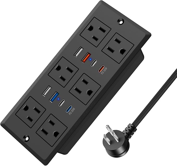 30W Recessed Power Strip USB C, Desk Flush Mount Outlet Plug in 6 AC & 8 USB Ports for Furniture Conference Power Hub, 6FT