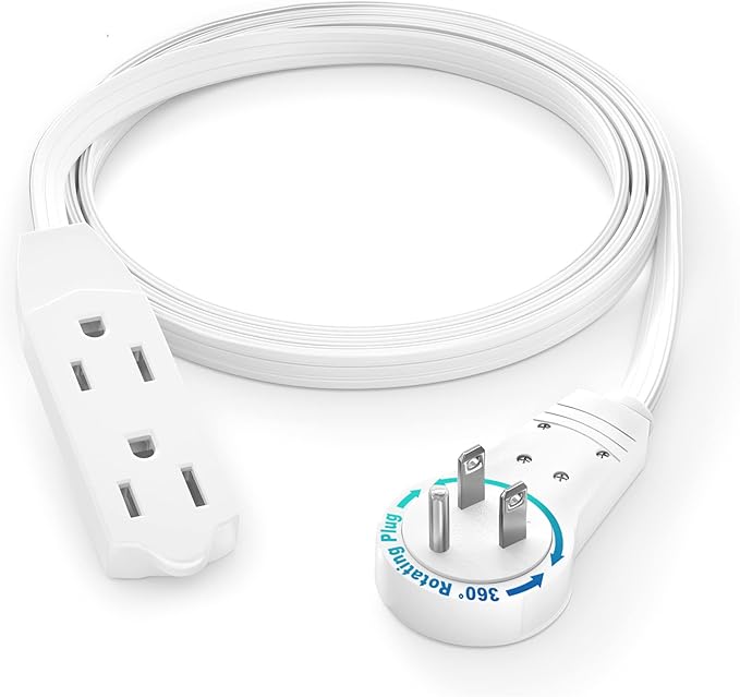 Maximm Cable 3 Ft 360° Rotating Flat Plug Extension Cord/Wire, 16 AWG Multi 3 Outlet Extension Wire, 3 Prong Grounded Wire - White - UL Certified