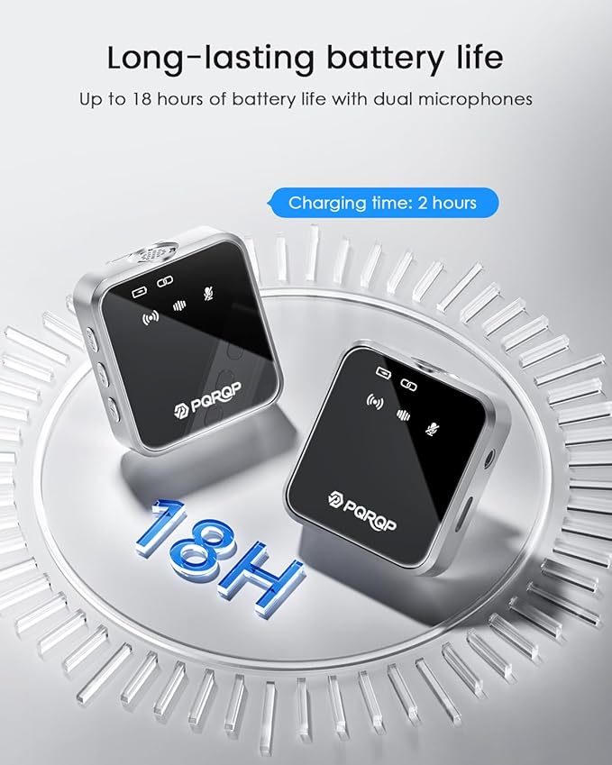 PQRQP 3 in 1 Mini Microphone for iPhone, Android, Camera | 328ft Range & 18H Battery | Noise-Canceling Mini Mic for Interviews, Content Creation, TikTok (Metallic Silver)