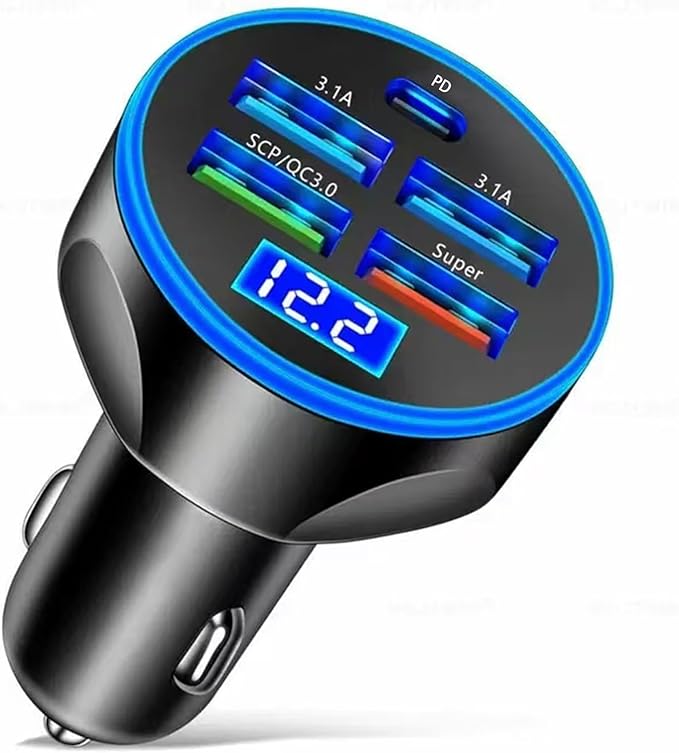 Multi Port USB C Car Phone Charger with Voltage Display Real PD 30W Super Fast Cigarette Lighter USB-C Charger Adapter for MacBook iPhone 16/15/14/13/12 Galaxy Android Phones