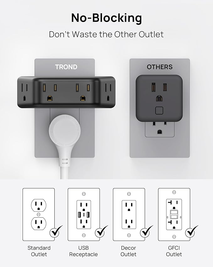 TROND Multi Plug Outlet Extender - Surge Protector Outlet Splitter with 4 Grounded Sockets, Angled Wall Plug Adapter, 900J, Multiple Wall Expander for Bathroom Kitchen Travel Dorm Room, Black