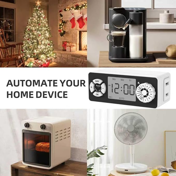 TiFFCOFiO New Digital Timer Outlet, Dial Programmable Method, Indoor Plug in Light Timer, 2 Polarized Electrical Outlets for Lamps, 6 Sets of Programs, 15A/1875W