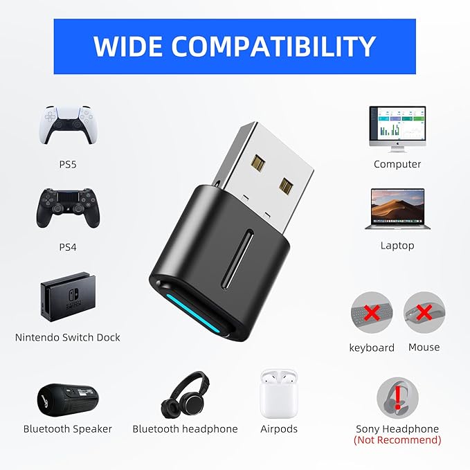 Smof USB Bluetooth Audio Adapter for PS5, PS4,Switch,Mac. Compatible Bone Conduction Headsets Wireless Audio Transmitter Dongle with aptX Low Latency Support, USB Bluetooth 5.2 Adapter