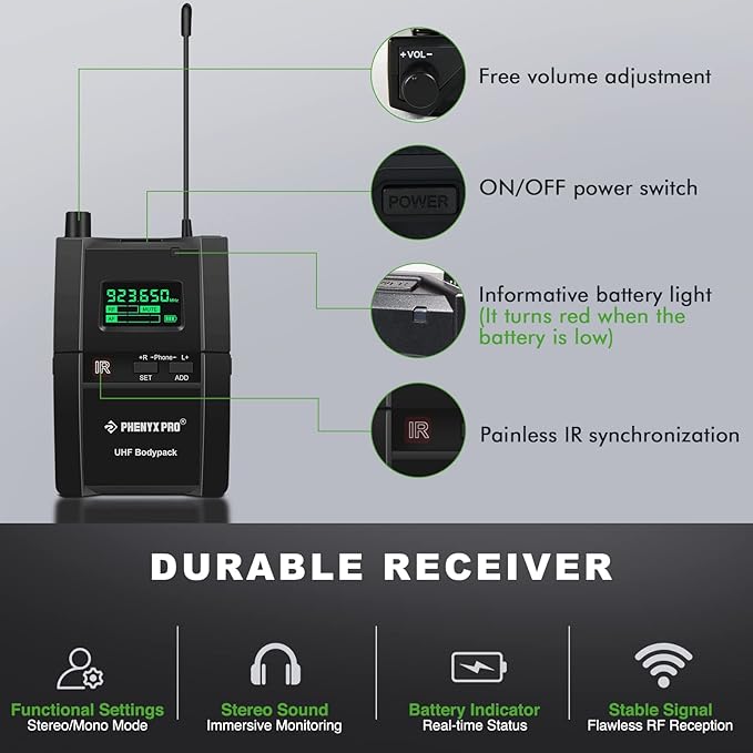 Phenyx Pro PTM-10 Stereo Wireless in Ear Monitor System Bodypack Receiver, Performance with 89 Adjustable Frequencies