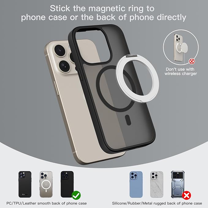 COOLQO Upgraded Magnetic Phone Ring Holder Stand, Super Magnet Cell Phone Grip Finger Kickstand Compatible with MagSafe Mag Safe Accessory for iPhone All Smartphones (1-Silver)