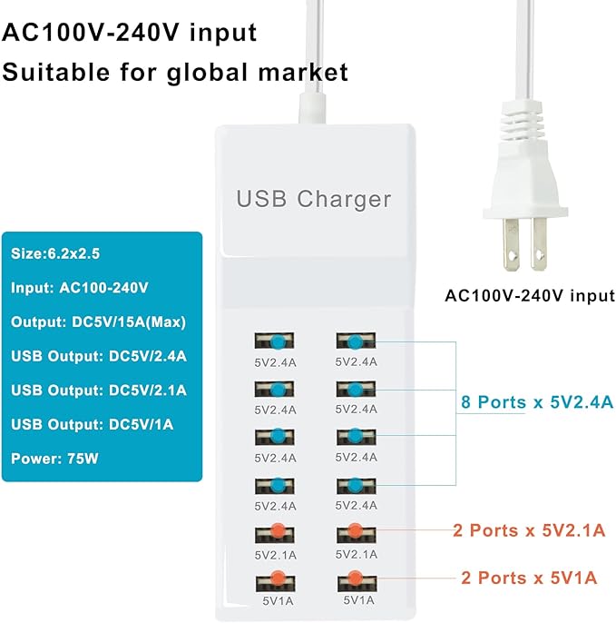 Multi Port USB Charging Station Wall Charger, Multi-Port Fast Charging Station, Compatible with iPhone, Android Phones, Tablets and Bluetooth Speakers - Compact for Home Office and Travel Use White