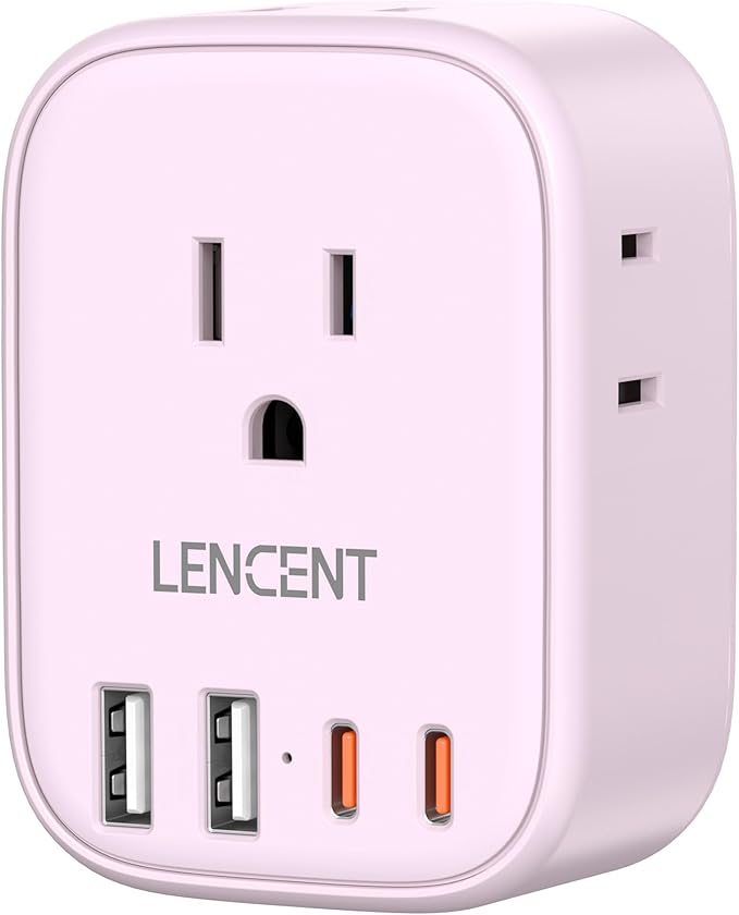 LENCENT Multi Plug Outlet Extender with USB C, 4 AC Electrical Outlet Expander with 4 USB Charger Cube, Small Multiple Wall Tap Plug Splitter for Home Office Travel Cruise Dorm Essentials- Pink