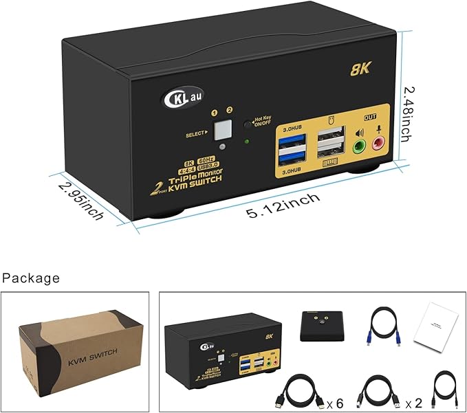 CKLau 2 Port USB 3.0 Triple Monitor KVM Switch HDMI 2.1 8K@60Hz 4K@144Hz with Audio and All Input Cable for 2 Computers 3 Monitors Supports Hotkey Switching