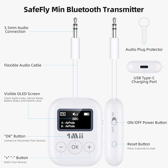 1Mii Bluetooth Transmitter for Airplane, Bluetooth 5.3 Adapter for TV,Airplane Travel Essentials, Aptx Low Latency Wireless Audio Aux for Headphones, Any 3.5mm Jack,Linking 2 Devices (White)