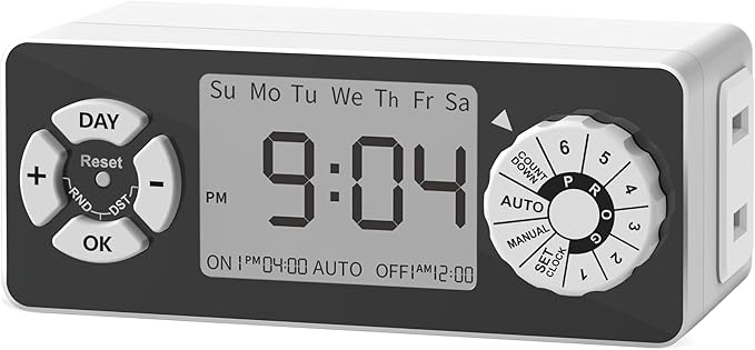 TiFFCOFiO New Digital Timer Outlet, Dial Programmable Method, Indoor Plug in Light Timer, 2 Polarized Electrical Outlets for Lamps, 6 Sets of Programs, 15A/1875W
