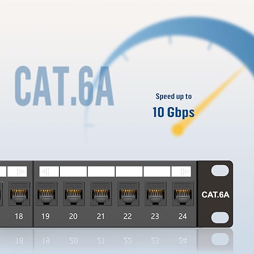 FGB 24 Port Cat6A Keystone Patch Panel, 19" Rackmount or Wall Mount, 1U with Back Bar, Network Patch Panel for Gigabit Ethernet