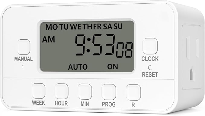 BN-LINK 7-Day Heavy Duty Digital Timer with Dual Outlet, LCD Display, 3-Prong Programmable Design, for Lights, Fans, Coffee Machine, Home, Kitchen, Office, Indoor Use, 125V 15A 1875W, 1 Pack