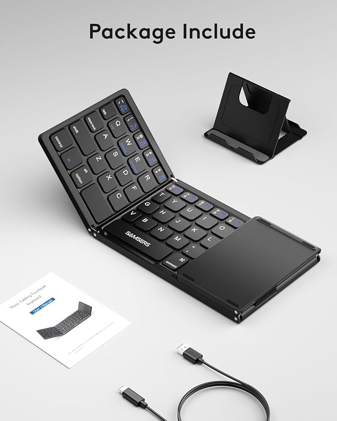 Samsers Foldable Bluetooth Keyboard with Touchpad - Portable Wireless Keyboard with Holder, Rechargeable Full Size Ultra Slim Pocket Folding Keyboards for Android Windows iOS Tablet & Laptop - Black
