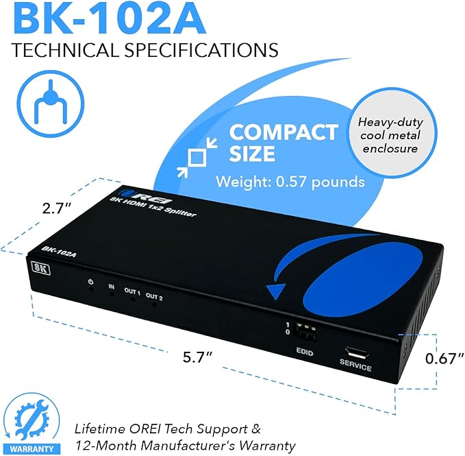 OREI 8K HDMI Splitter 1 X 2, Duplicate with Audio Extractor UltraHD Supports Upto 4K @ 120Hz IR EDID HDCP 2.3 - (BK-102A) (1x2 - Audio Out)