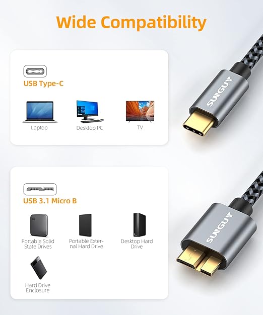 SUNGUY 10Gbps Micro B to USB C Hard Drive Cable 1.5FT, USB 3.1 USB C to Micro B, High-Speed External Hard Drive USB C Cable for iPhone 16/15 Series, MacBook Pro/Air, iPad, WD Toshiba Westgate Seagate