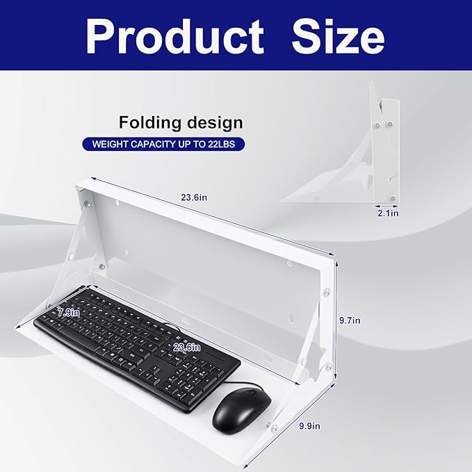 1 Pcs 24 Inch Keyboard Wall Mount Foldable Fits Standard Computer Keyboard Mouse Stand Tray Organizer for Small Offices Apartments, Easy Installation with 4 Screws (White)