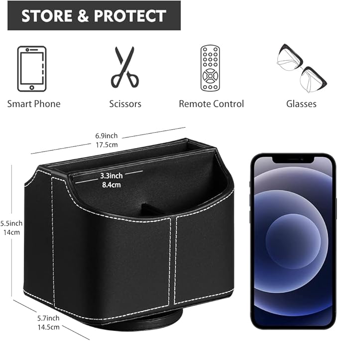 Leather 360° Spinning Remote Control Holder, Pencil Pen Holder for Desk Table Nightstand, TV Remote Caddy Organizer, Black Office Decor and Accessories, Storage Box for Phone,Media Player Controllers