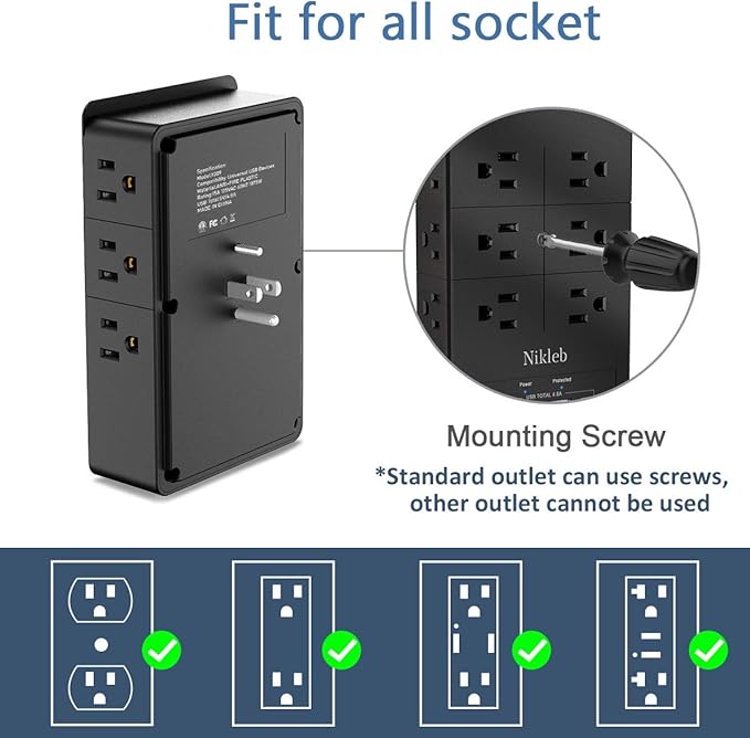 Surge Protector Nikleb, Wall Outlet with 4 USB Ports 5V 4.8A Total, 12 Multi Outlet Extender, Multiple USB Plug Adapter Wall Mount, Phone Chargier Organizer with Phone Holder, Heavy Duty