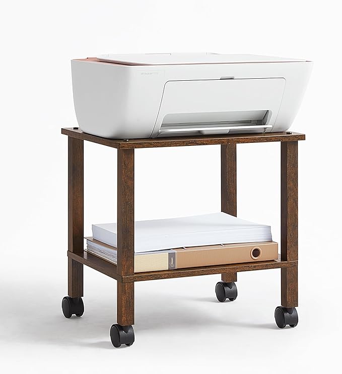 2 Tier Printer Stand with Storage,Under Desk Shelf Printer Table, Rolling Printer Cart for Office,Home,Brown
