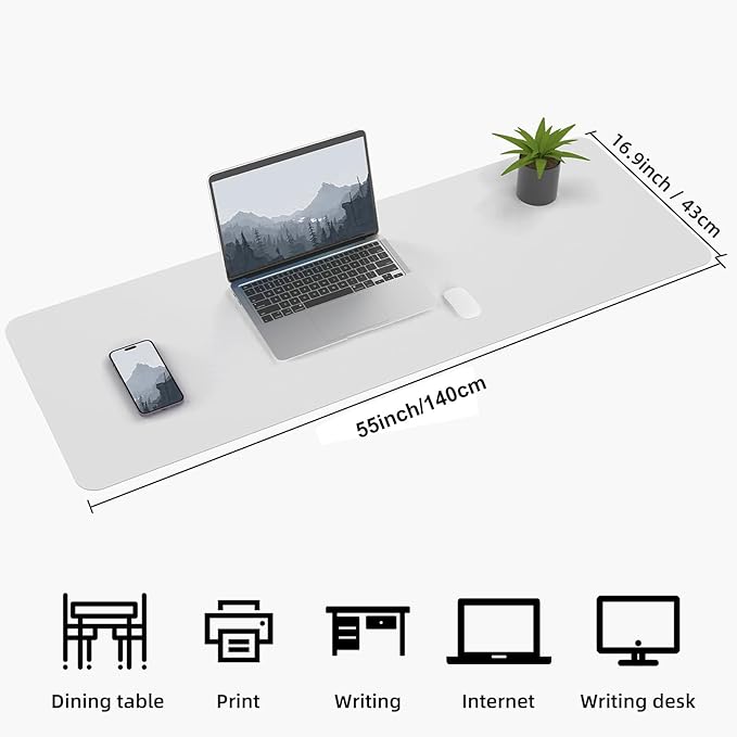 AFIING Leather Desk pad Protector, Large Non-Slip Office Desk Mat with Natural Cork & PU Leather, Waterproof Writing Mouse Pad for Office and Home (55in*17in,White)