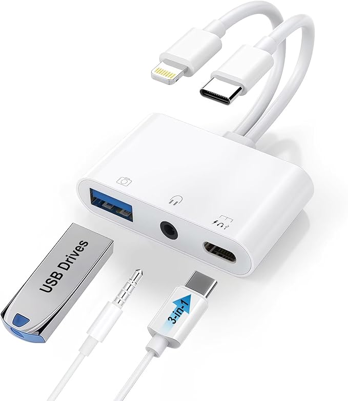 USB-C & Lightning to 3.5mm Headphone Adapter, 3-in-1 USB OTG Camera Adapter & Aux Headphone Splitter, Supports Charging/Audio/Data Transfer for iPhone 16/15/14/13/12, Samsung Galaxy S25/24, Laptops