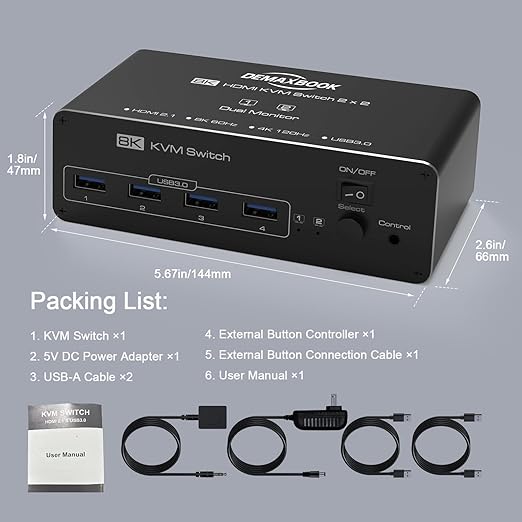 DEMEXBOOK HDMI KVM Switch 2 Monitors 2 Computers 8K@60Hz 4K@120Hz, with 4 USB 3.0 Ports for 2 Computers Sharing 2 Monitors, Extended/Copy Mode, with Power Adapter,Includes Remote & 2 USB Cables