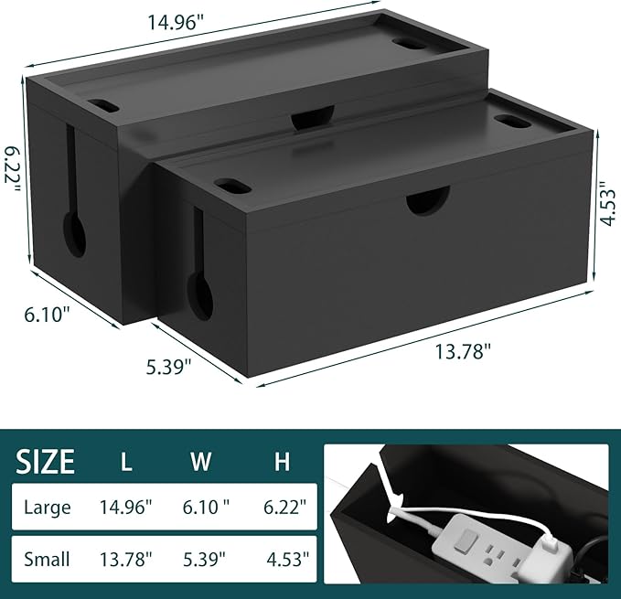 Bamboo Cable Management Box, Large Cord Organizer Box Cable Box to Hide Wires & Power Strips for Desktop Storage Cord Holder for Office Home,No Assembley Required (All Black, 2 Packs(M+L))