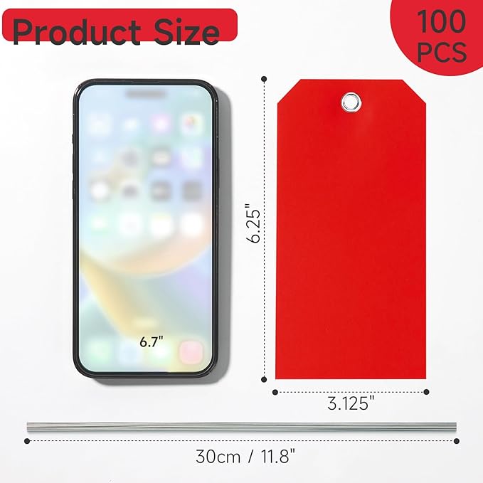 100 Plastic Shipping Tags - Red, 6 1/4" x 3 1/8", Waterproof, Durable, Reinforcement Hole, Stacking Labels for Equipment Parts