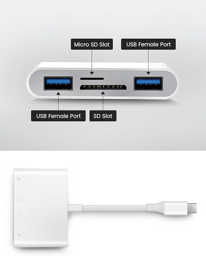 USB C SD Card Reader, Type C 4-Slots Memory Card Adapter with Dual USB Ports, Supports SD, MicroSD, Compatible with iPhone 15,iPhone 16, iPad, Mac, Laptop, MacBook, Android Galaxy