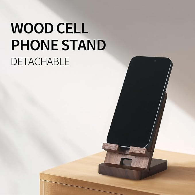 Wood Phone Stand, Desktop Wooden Phone Holder, Portable Office Phone Stand for Desk, Wood ipad Stand， Compatible with iPhone & All Cell Phones (Walnut)