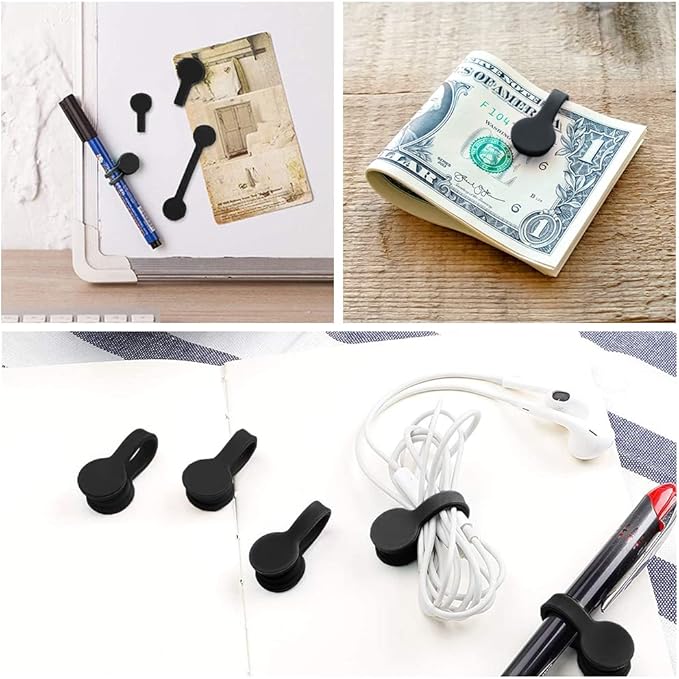 Viaky 6 Pcs Black Magnetic Cable Clips Organizer Earbuds Cords Winder Bookmark Whiteboard Noticeboard Fridge Straps USB Manager Keeper Wrap Ties for Kitchen, Home, Office and School