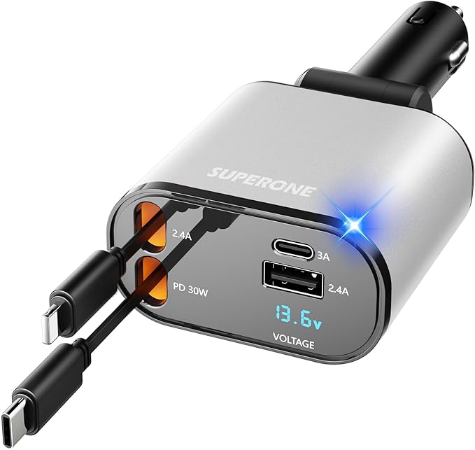 【Upgraded】 SUPERONE Retractable Car Charger 4 in 1, Fast Car Phone Charger with Cord 2.6ft, USB C and Apple Car Charger Adapter, Compatible with iPhone 15/15 Pro Max/14/13/12/11, Galaxy, Pixel