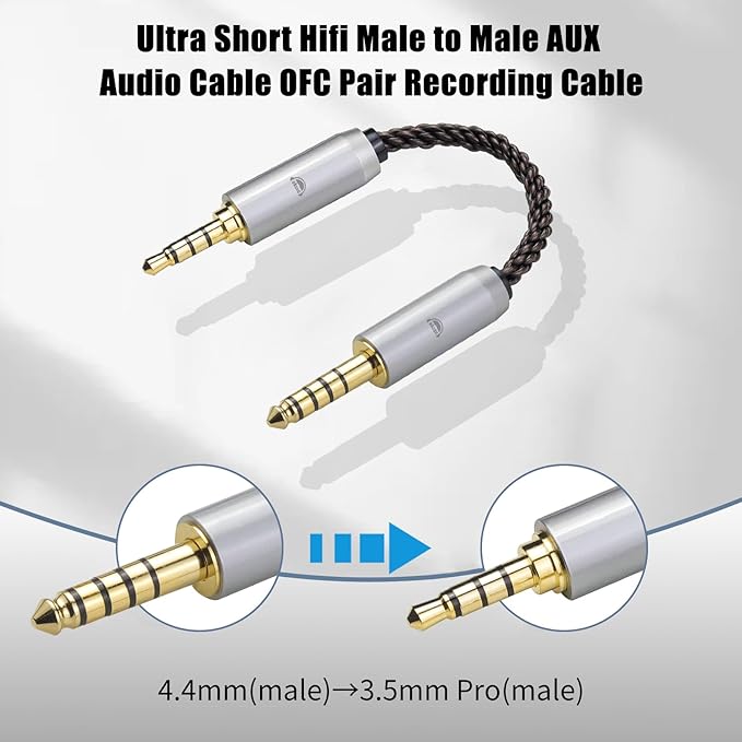 okcsc 4.4MM Male to 3.5MM Pro Male Ultra Short Hifil Male to Male AUX Audio Cable OFC Pair Recording Cable Wire-Breakage-Prevention Design Adoption of 8-Core Braided Structure 5.82 inch