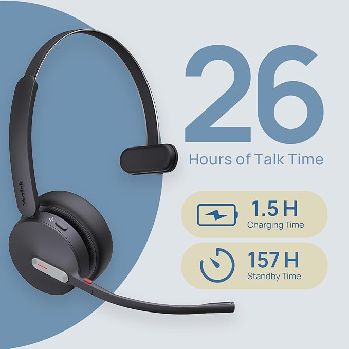 Yealink WH64 Teams Mono DECT & Bluetooth Wireless Headset, 606ft Range Microsoft Certified, Single On Ear Headphone with 3X Noise Cancelling Mic, 26H Talk Time, Office Desk IP Phone, PC, Computer