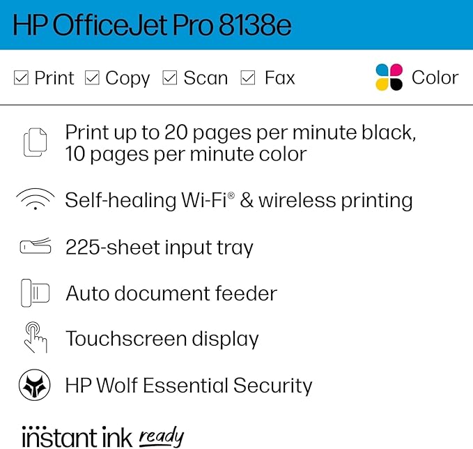 HP OfficeJet Pro 8138e Wireless All-in-One Color Inkjet Printer, Print, Scan, Copy, Fax, ADF, Duplex Printing Best-for-Home Office (Renewed Premium)