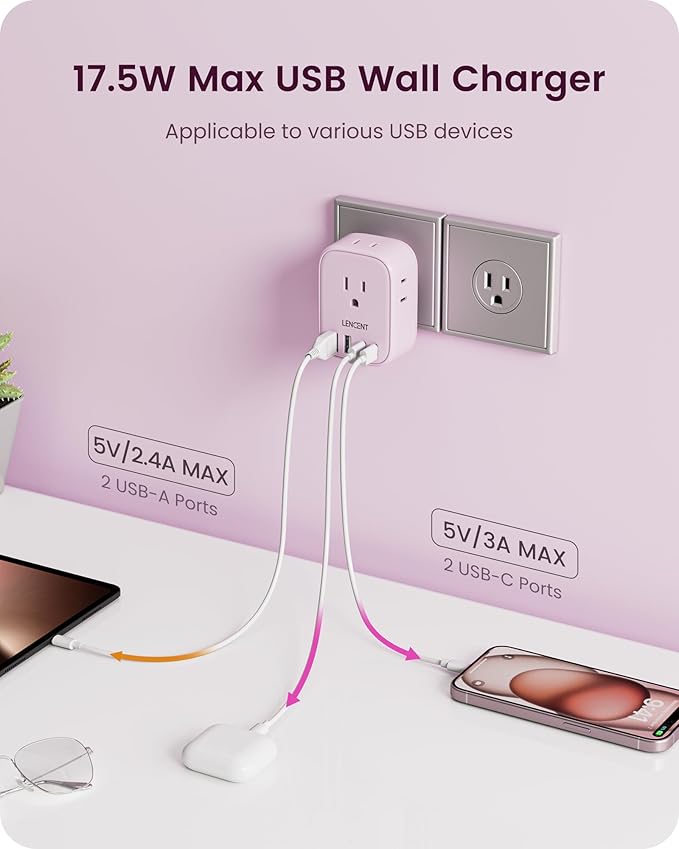 LENCENT Multi Plug Outlet Extender with USB C, 4 AC Electrical Outlet Expander with 4 USB Charger Cube, Small Multiple Wall Tap Plug Splitter for Home Office Travel Cruise Dorm Essentials- Pink