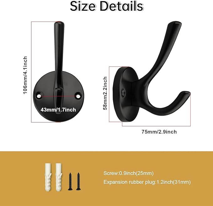 4 Packs Black Coat Hooks, Decorative Double Prong Metal Closet Hooks for Hanging Towels, Robes in Bathrooms, Kitchen