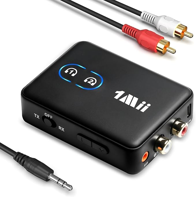 1Mii RCA Bluetooth 5.3 Adapter for TV, 3.5mm AUX Bluetooth Transmitter Receiver for 2 AirPods or Headphones, Home Stereo, Speakers, Projector, Treadmills, PC, with Volume Control, aptX Low Latency