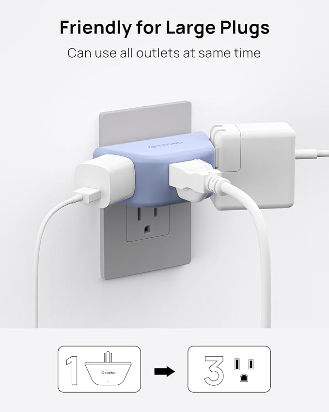 TROND Outlet Extender, 3 Way Angled Wall Plug Splitter, 3-Prong Grounded Outlet Adapter, Cruise Essentials, Compact and Practical Plug Expander for Home Decoration Travel Essentials, Blue