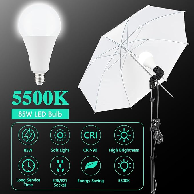 Photo Video Studio 10 x 8.5ft Stand with Muslin Backdrop (Green/White/Black) & 85W 5500K Led Bulb & Umbrella Lighting Kit Photography Background Support System Kit,Clamp, Carry Bag
