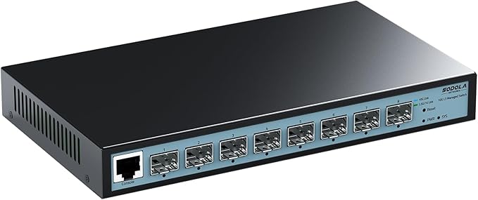 SODOLA 8 Port 10G L3 Managed Switch, 8X10G SFP+ Interface, Link Aggregation/QoS/VLAN/IGMP, Wall Mounted Fanless 10Gb SFP Network Switch（SFPPorts Only,Transceiver is NOT Included