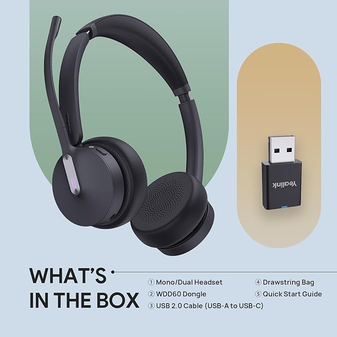 Yealink WH64 Hybrid with DECT Dongle, 492ft Range, 32 Talk Time Bluetooth Headset for Teams, Zoom Skype UC, 3X Mic Noise Cancelling, Headset PC Phone