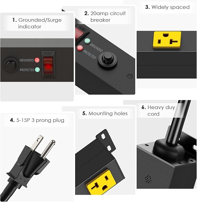 JUNNUJ Long Metal 16 Outlet Power Strip,Wide Spaced Garage Industrial Heavy Duty Power Strip,Surge Protection 4800J,Wall Mount Screws Outlet with Switch 5-15P High Amp 6-20R T-Slot (Yellow, 6FT)
