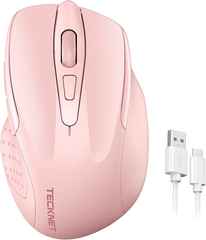 TECKNET Rechargeable Wireless Mouse, 2.4G Silent Mouse, Quiet Click, 6 Adjustable 4800 DPI, Cordless Computer Mouse, Ergonomic Mouse for Laptop, 6 Buttons USB-A Mouse for Chromebook, Ergo Grip - Pink