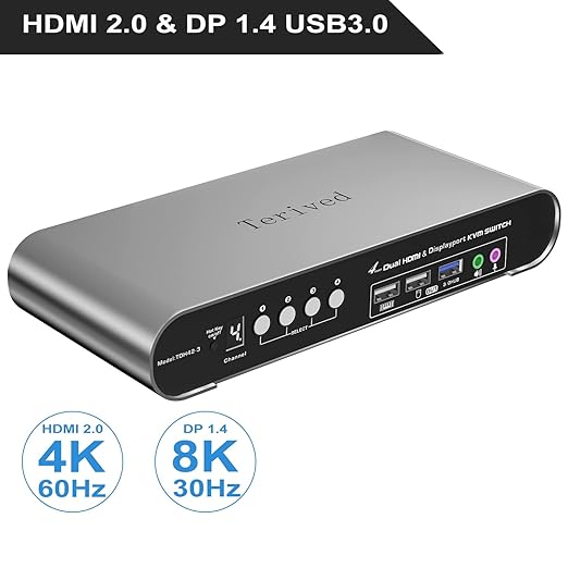 4 Computers 2 Monitors Automatic KVM Switch, HDMI 4k@60Hz + DP 8K 30Hz 4K@144Hz, Aluminum Alloy Shell, Digital Display, Audio/Microphone, hotkey, HDR10 with Cables