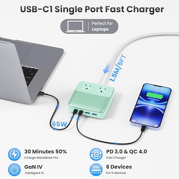 USB C Charger Block,135W GaN IV Fast Charging Station Hub,6-in-1 USB C Power Strip with Flat Plug and 5ft Cord,2 AC,2 USB A,2 USB C,PD 65W Laptop Charger for MacBook Air/Pro,iPhone16/15,Samsung-Green