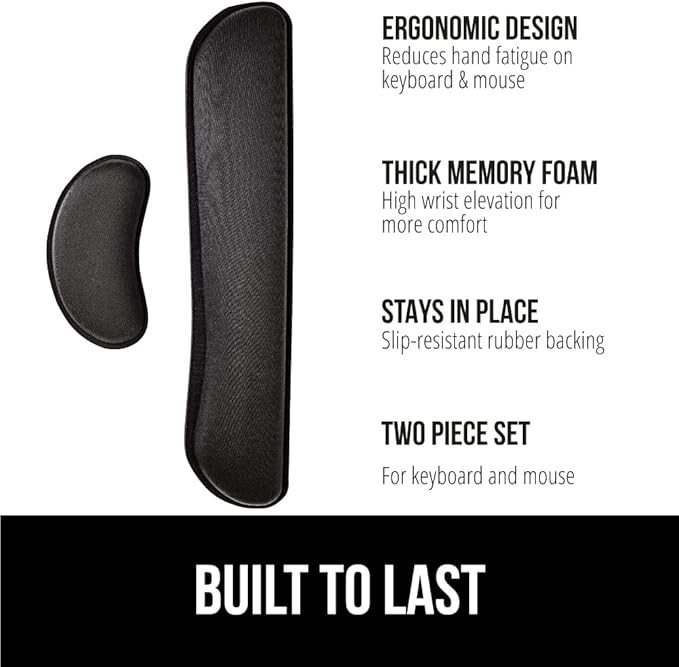 GORILLA GRIP Silky Memory Foam Wrist Rest for Computer Keyboard, Mouse, Ergonomic Design for Typing Pain Relief, Desk Pads Support Hand and Arm, Mousepad Rests, Stain Resistant, 2 Piece Pad, Black