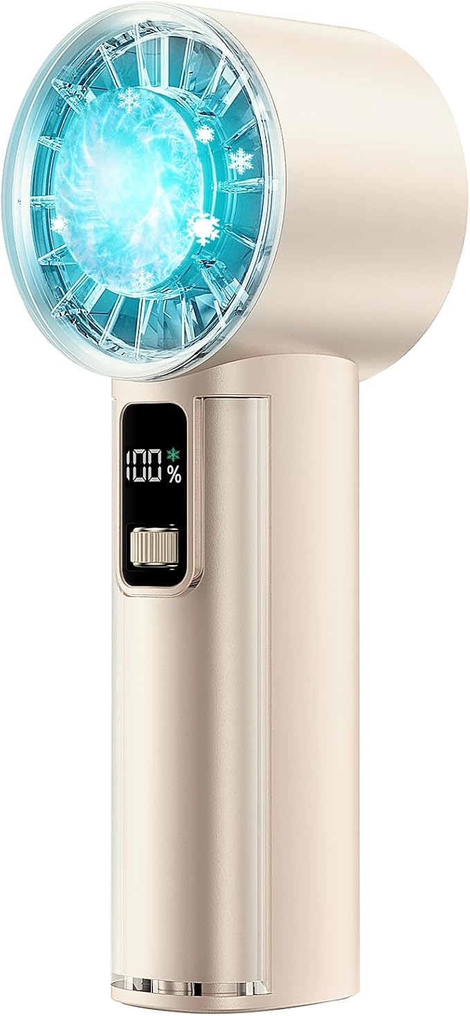 PANERGY High Speed Handheld Fan with Ice Cooler,1-100 Speed Adjustable Mini Turbo Fan, 4000mAh Battery Rechargeable & Digital Display,Gifts for Women Men Travel/Office/Beach/Camping(Beige)