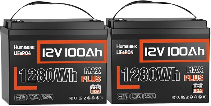 12V 100Ah LiFePO4 Battery MAX PLUS 2 Pack - 110A BMS with Low Temp Cutoff | 15000+ Deep Cycles for RV Solar Marine Trolling Motor | Off-Grid Backup Power Rechargeable Lithium Iron Phosphate Battery